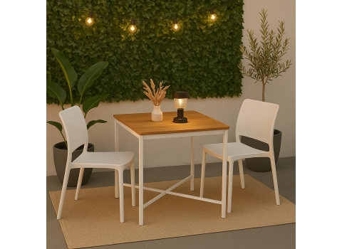 Table de terrasse Blanche 69 x 69 cm + Plateau en Bambou Massif (Hauteur 74 cm)