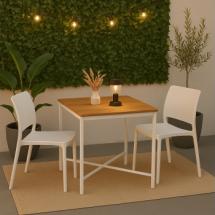 Table de terrasse Blanche 69 x 69 cm + Plateau en Bambou Massif (Hauteur 74 cm)